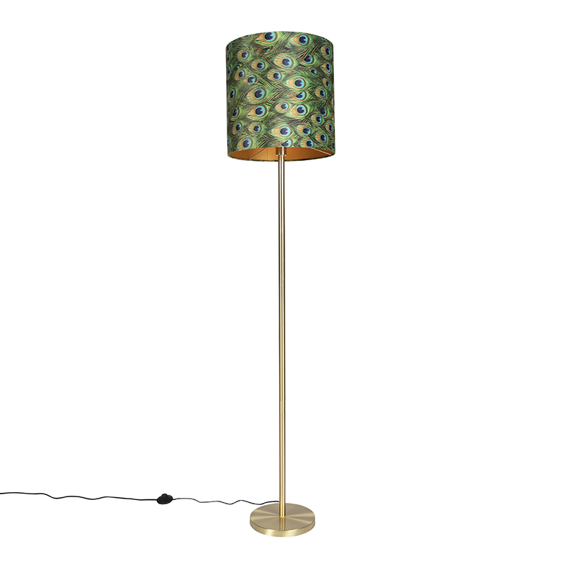 Stojací lampa mosazná s pávím odstínem 40 cm - Simplo