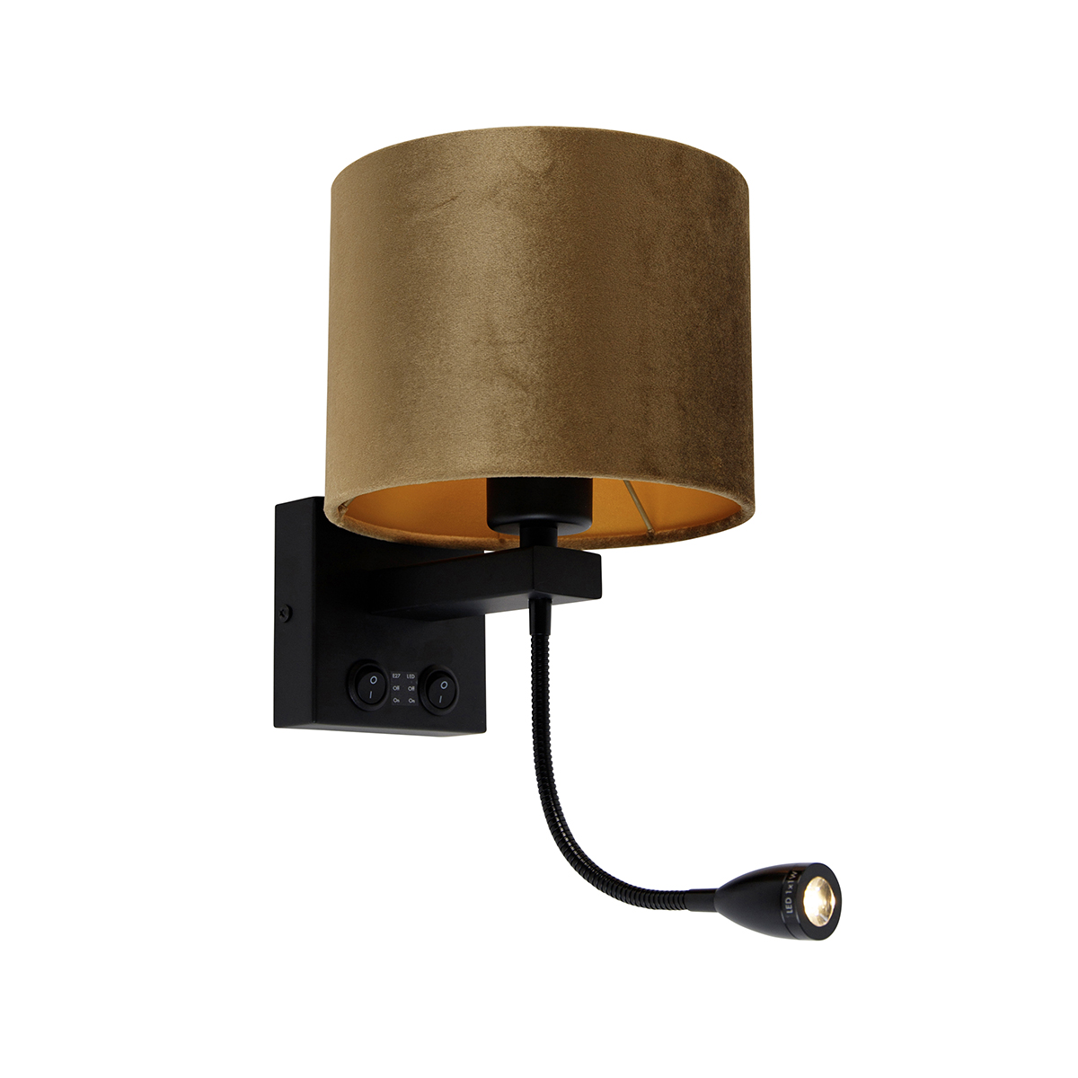 Nástěnná lampa černá s bronzovým sametovým stínítkem 18 cm - Brescia