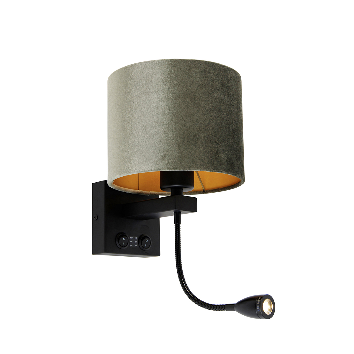 Nástěnná lampa černá szeleným sametovým stínítkem 18 cm - Brescia
