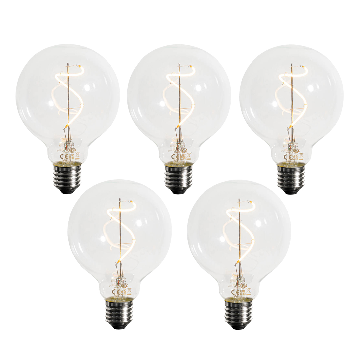 Sada 5 ks Stmívatelná LED spirálová vláknová žárovka E27 G95 4W 270lm 2200K