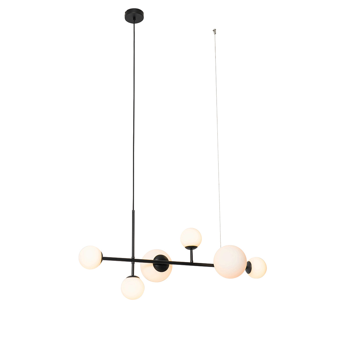 Smart Hanglamp zwart met mat glas langwerpig 6-lichts incl. 6 Wifi G9 - Monaco