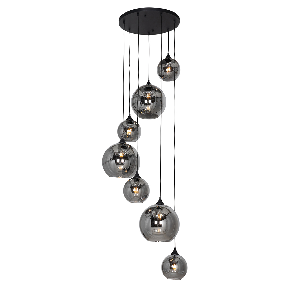 Smart Hanglamp zwart met smoke glas rond 7-lichts incl. 7 Wifi A60 - Sandra