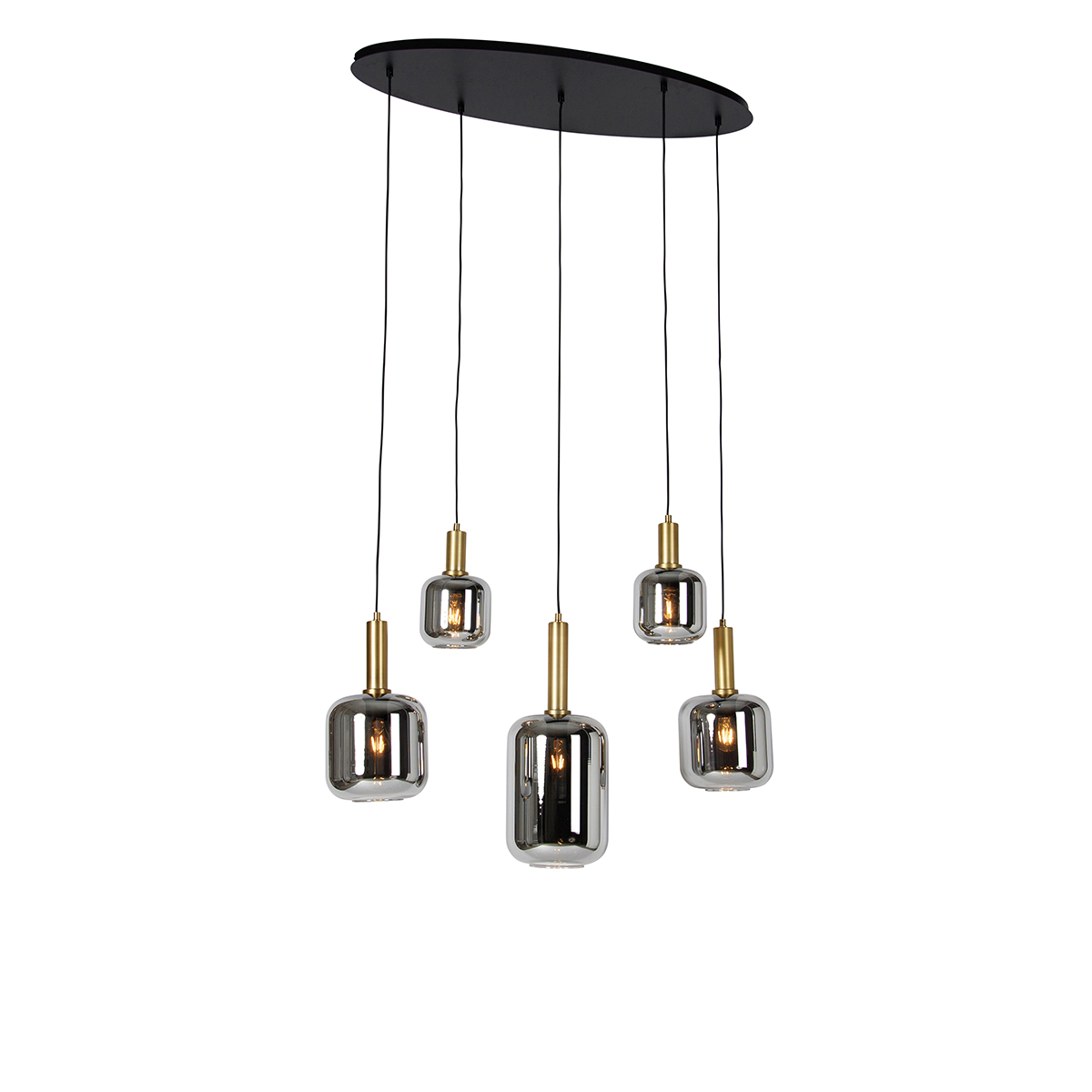 Smart hanglamp zwart met goud en smoke glas ovaal 5-lichts incl. 5 Wifi G95 - Zuzanna
