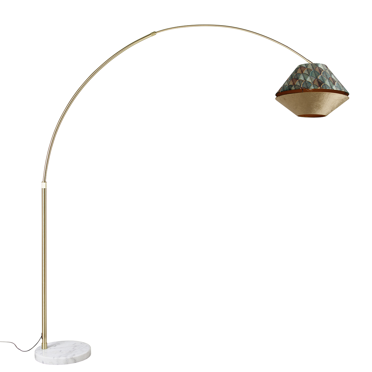 Booglamp messing met wit met dubbele velours kap blad dessin en beige - XXL