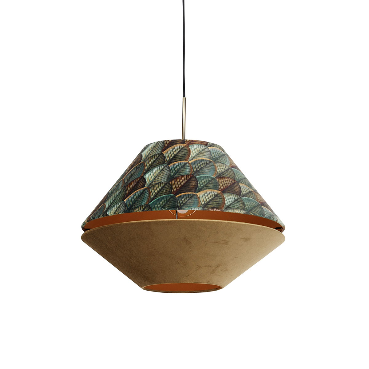 Moderne hanglamp brons met dubbele velours kap blad dessin en beige - Combi 1