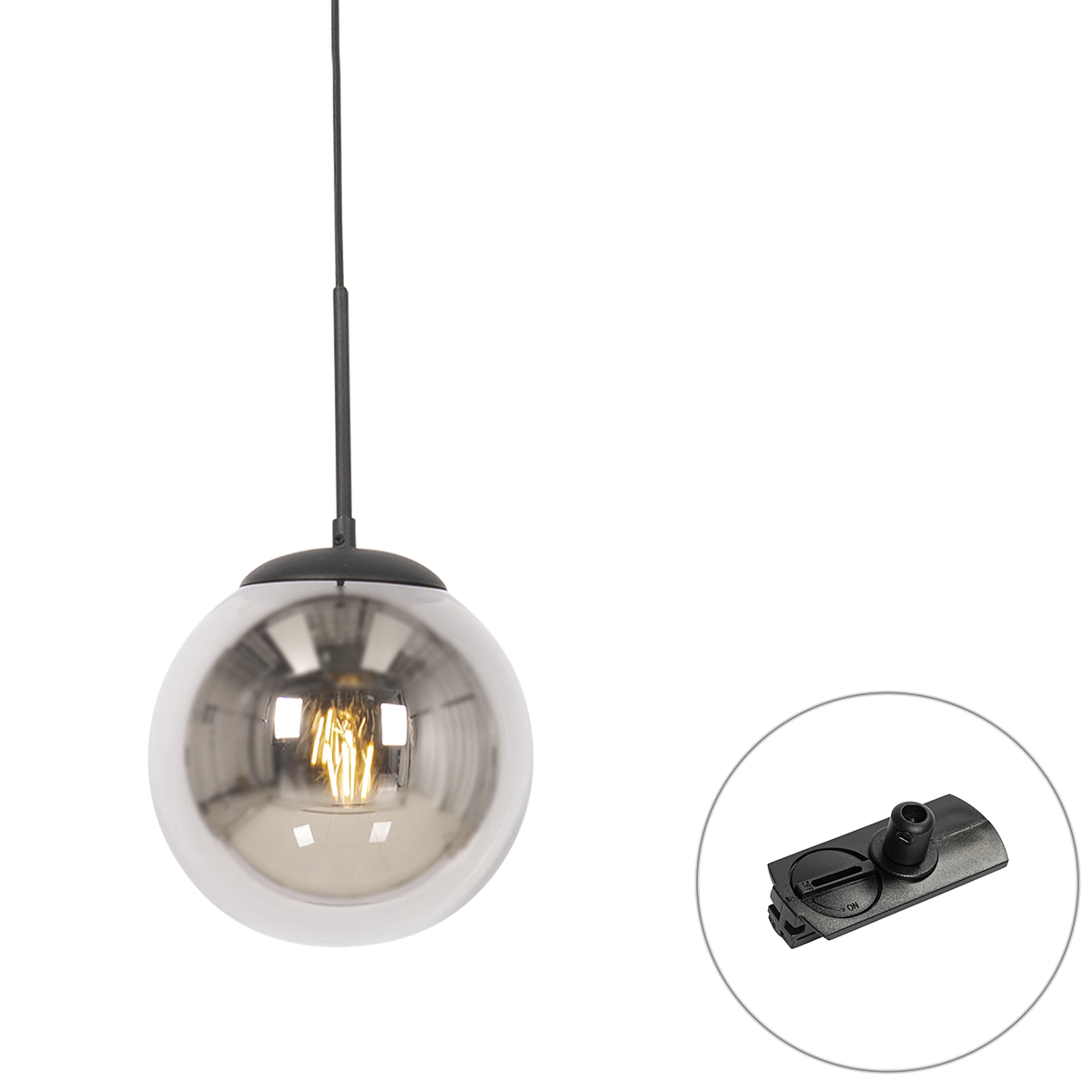 Art Deco hanglamp zwart met smoke glas incl. rail adapter 1-fase - Iconic Flore
