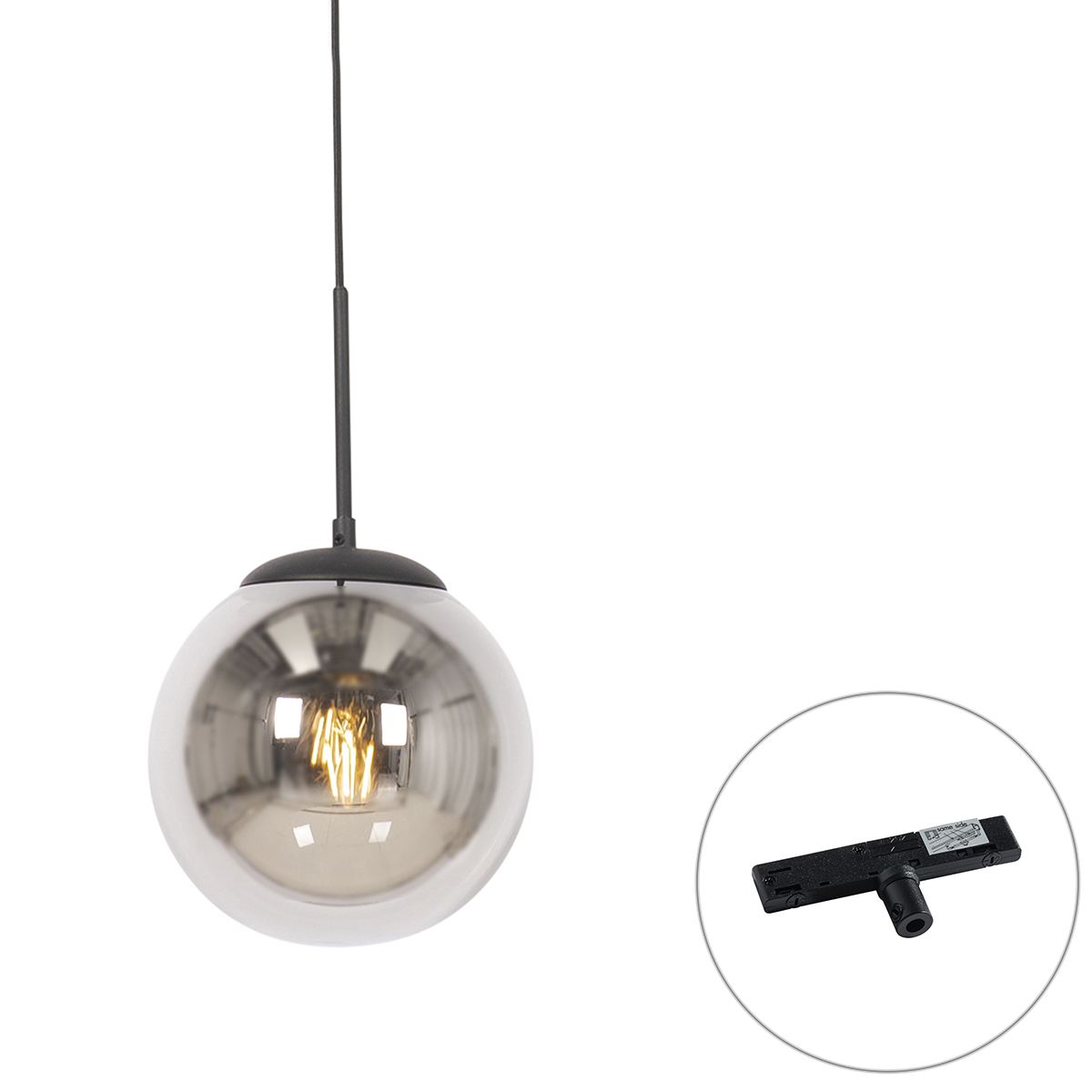 Art Deco hanglamp zwart met smoke glas incl. rail adapter 1-fase - Slimline Flore