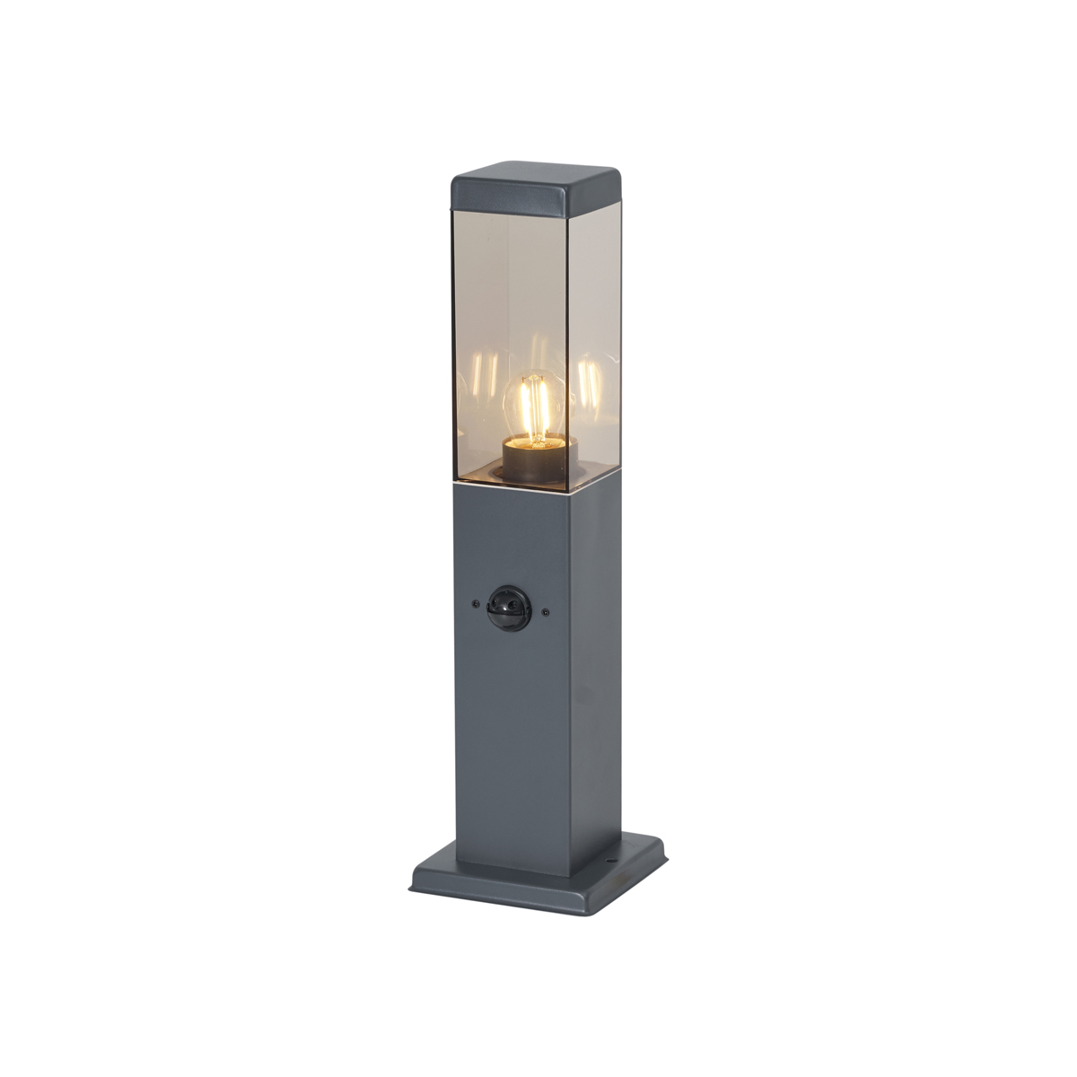 Venkovní lampa tmavě šedá s kouřovým sklem 45 cm IP44 se zásuvkou a senzorem pohybu - Malios