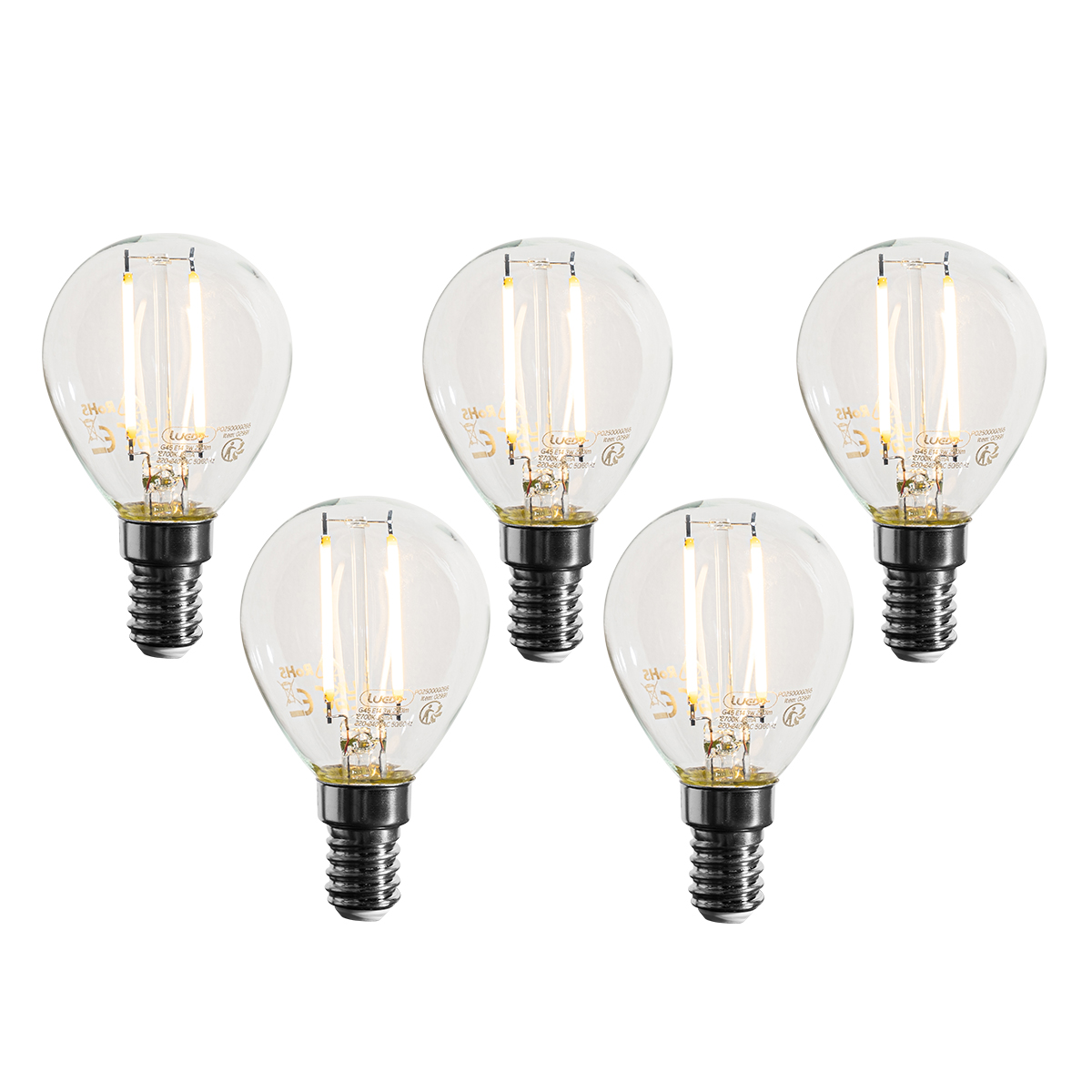 Sada 5 stmívatelných LED žárovek E14 P45 čirá 3W 250 lm 2700K